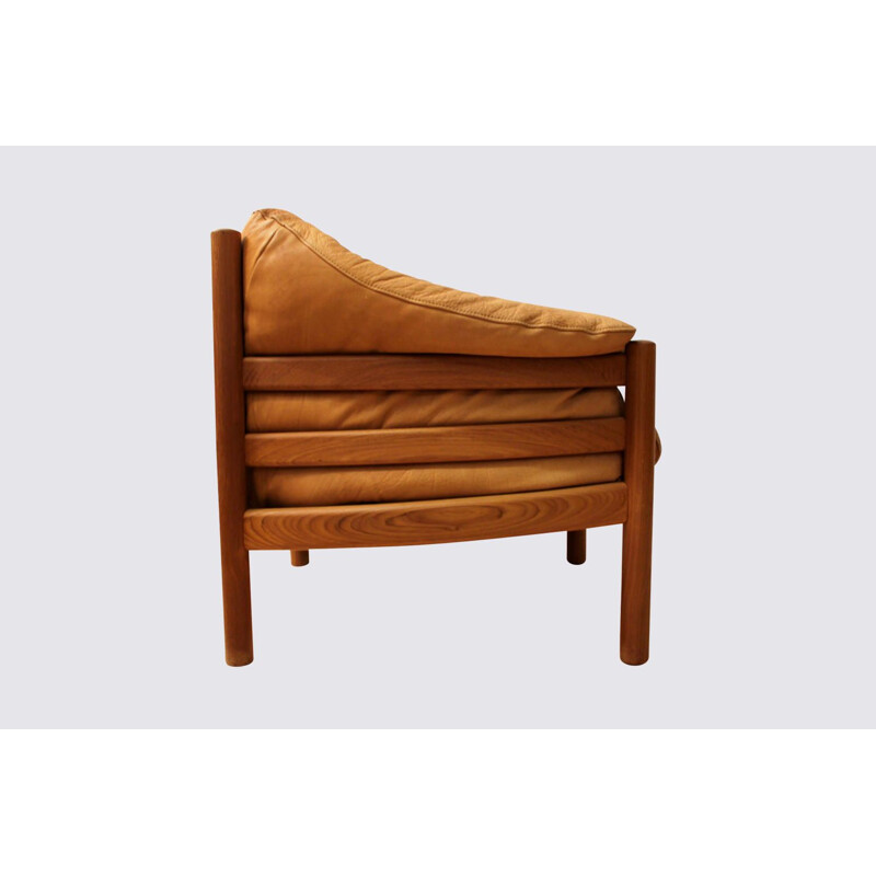 Vintage teak and leather 3 seater sofa in cognac color by Svend Skipper