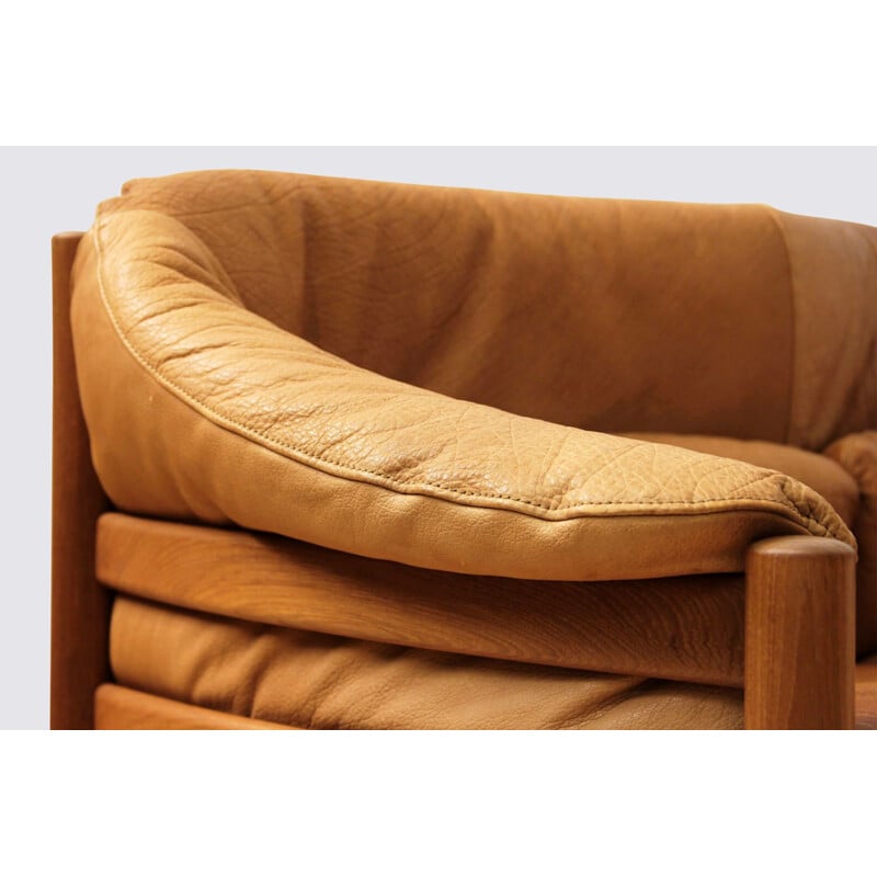 Vintage teak and leather 3 seater sofa in cognac color by Svend Skipper