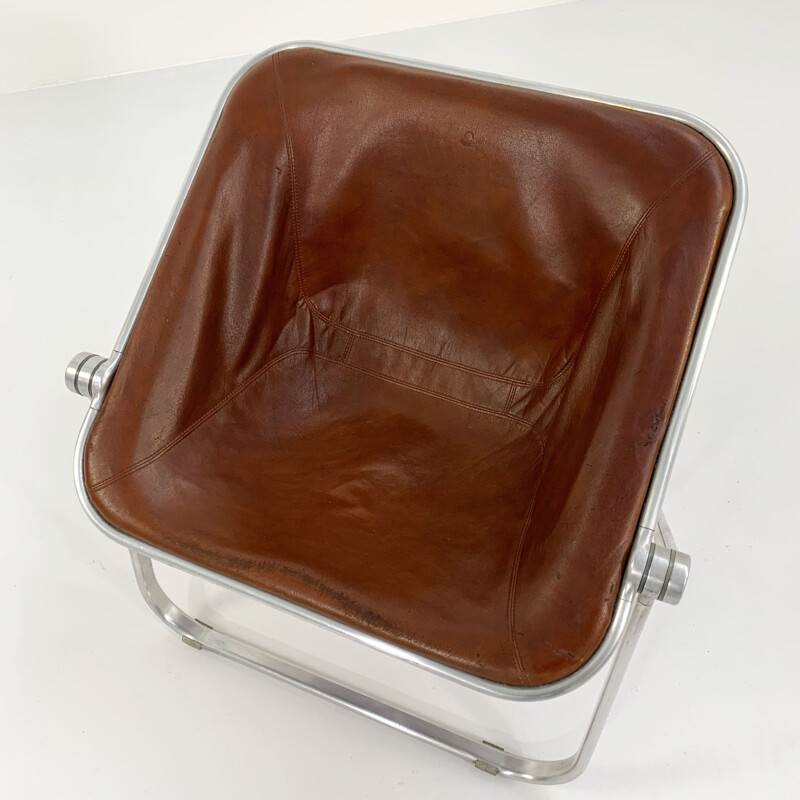 Vintage camel leather Plona chair by Giancarlo Piretti for Castelli, 1970s
