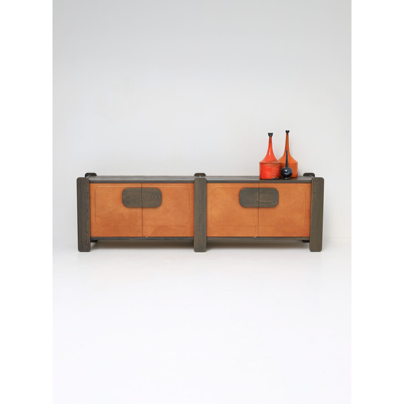 Vintage sideboard with cognac leather doors, Belgium 1970s