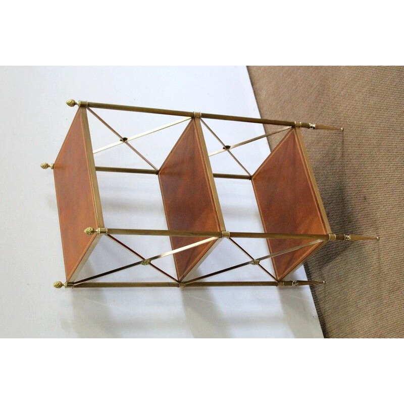 Vintage shelf with 3 brass and wood trays for Maison Jansen, 1970