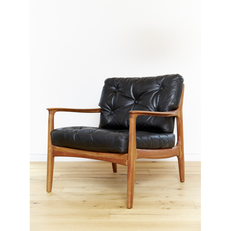 Vintage cherry wood and black leather armchair by Eugen Schmidt for Soloform, Germany