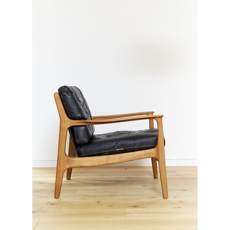 Vintage cherry wood and black leather armchair by Eugen Schmidt for Soloform, Germany