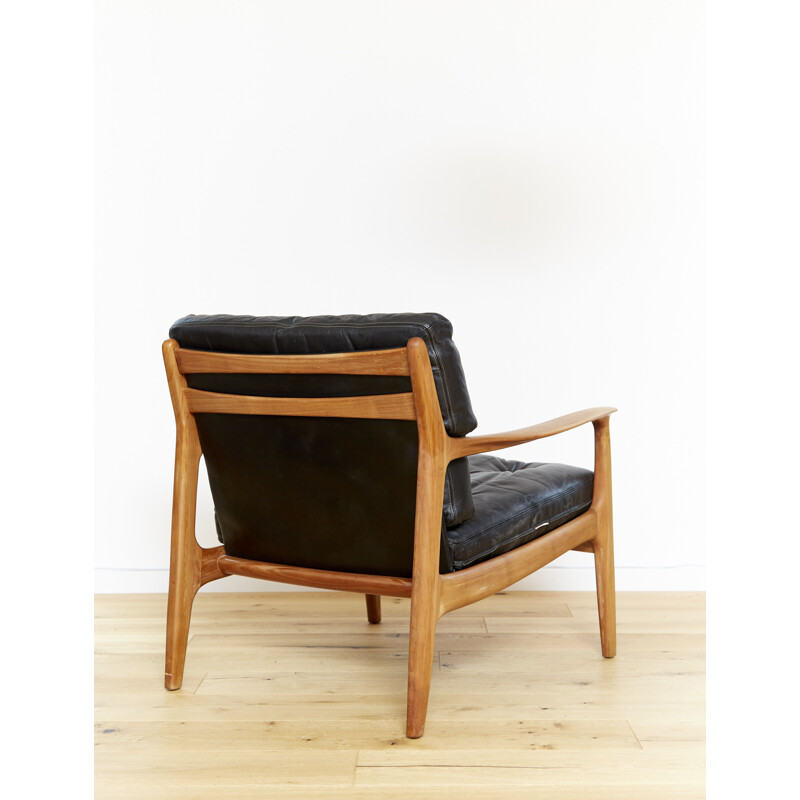 Vintage cherry wood and black leather armchair by Eugen Schmidt for Soloform, Germany