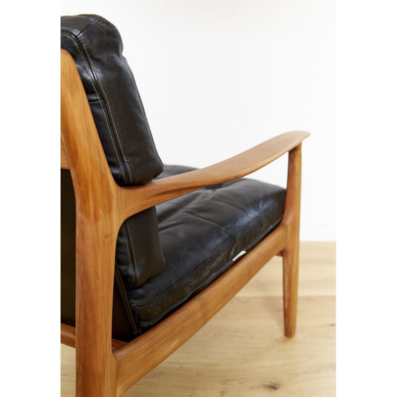 Vintage cherry wood and black leather armchair by Eugen Schmidt for Soloform, Germany