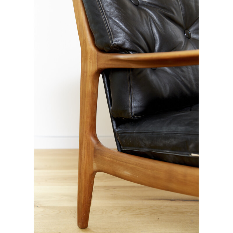 Vintage cherry wood and black leather armchair by Eugen Schmidt for Soloform, Germany