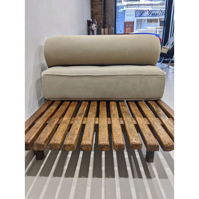 Vintage cansado daybed with mattress and cushion in grey fabric by Charlotte Perriand, 1950