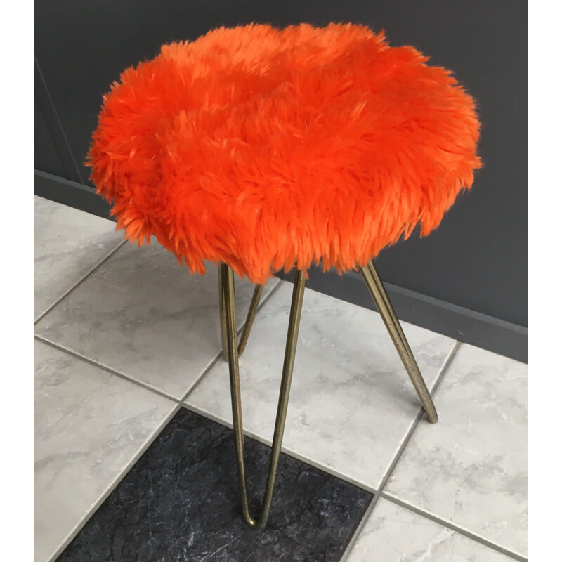 Tabouret vintage en peluche orange sur cadre en épingle à cheveux, 1960