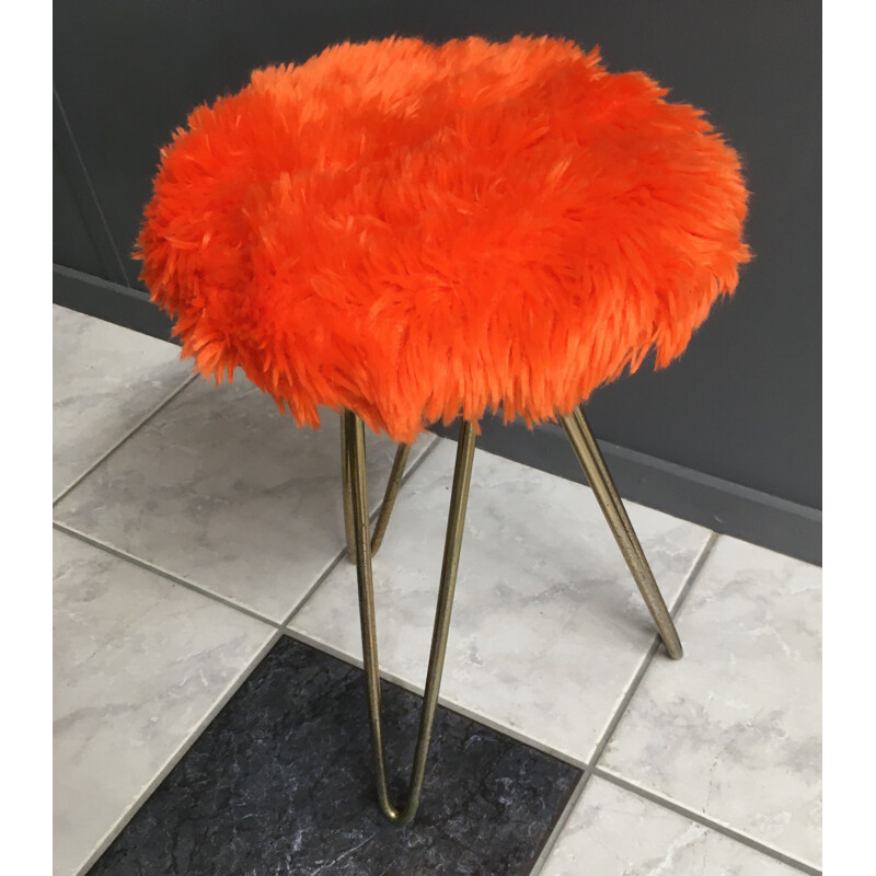 Vintage orange fluffy stool on hairpin frame, 1960s