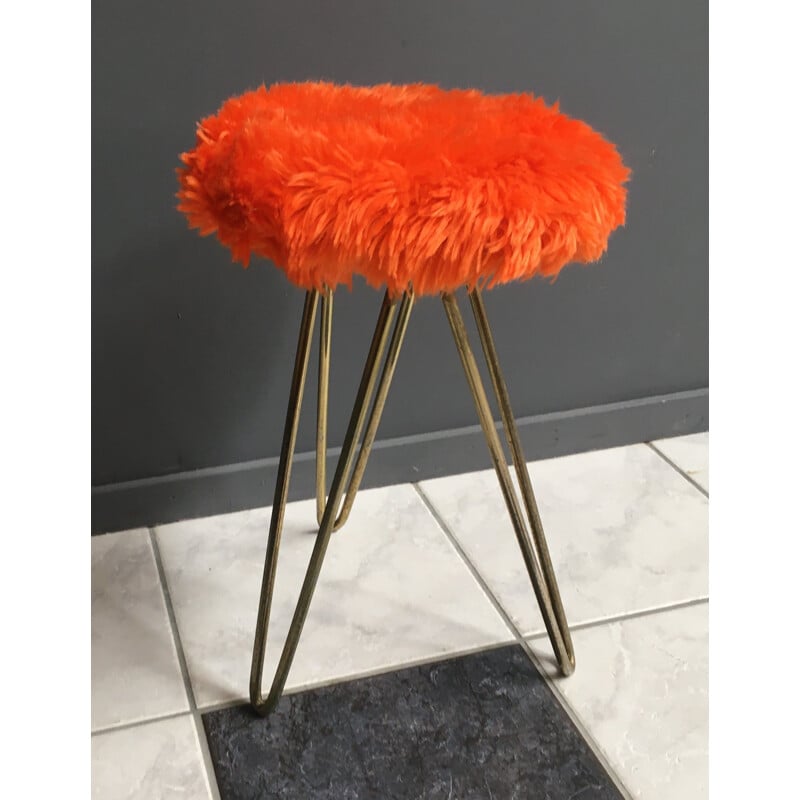 Vintage orange fluffy stool on hairpin frame, 1960s