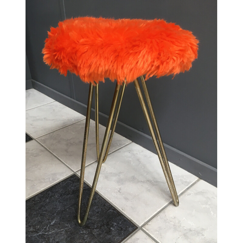 Vintage orange fluffy stool on hairpin frame, 1960s