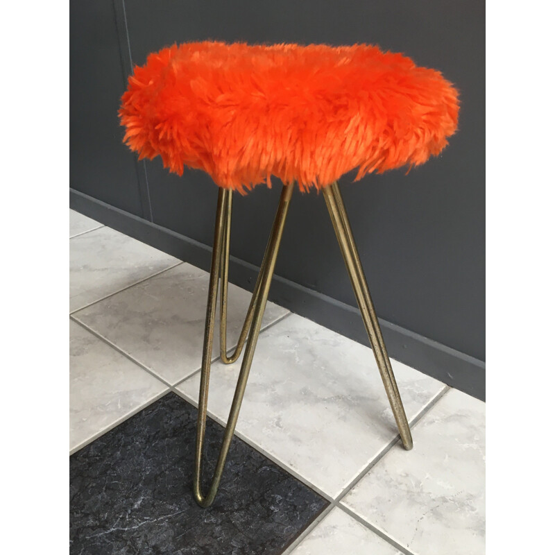 Tabouret vintage en peluche orange sur cadre en épingle à cheveux, 1960