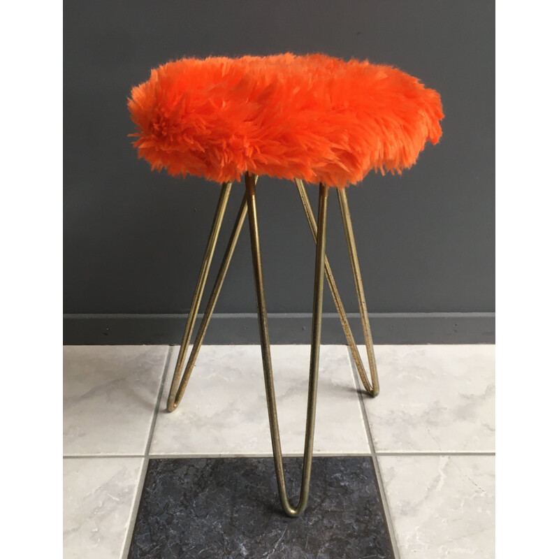 Vintage orange fluffy stool on hairpin frame, 1960s