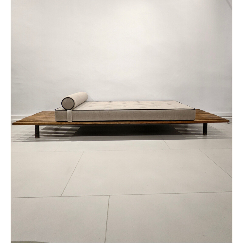 Vintage cansado daybed with mattress and cushion in grey fabric by Charlotte Perriand, 1950