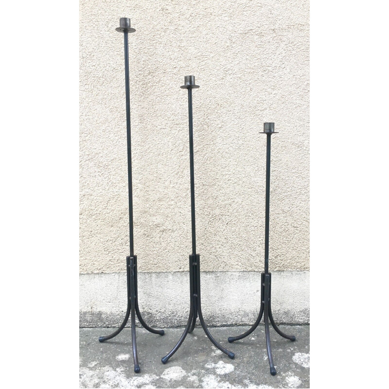 Set of 3 vintage wrought iron tripod candlesticks, 1980