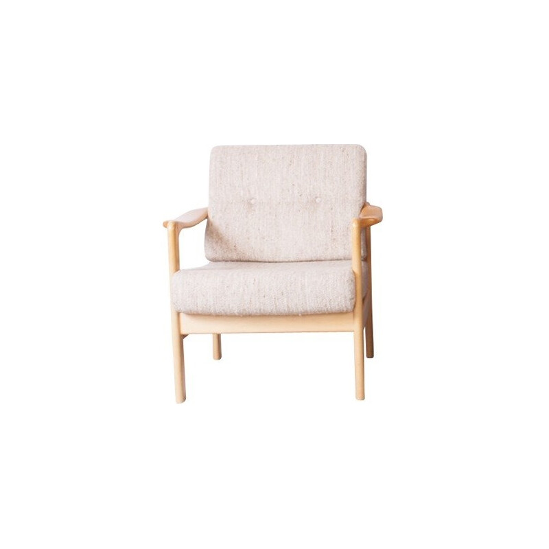 Fauteuil vintage en bouleau et laine beige, Walter KNOLL - 1970