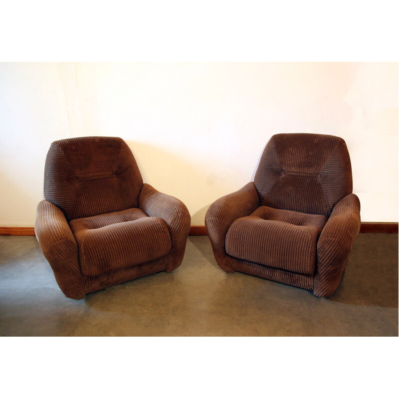 Paire de fauteuils vintage en velours marron, 1970