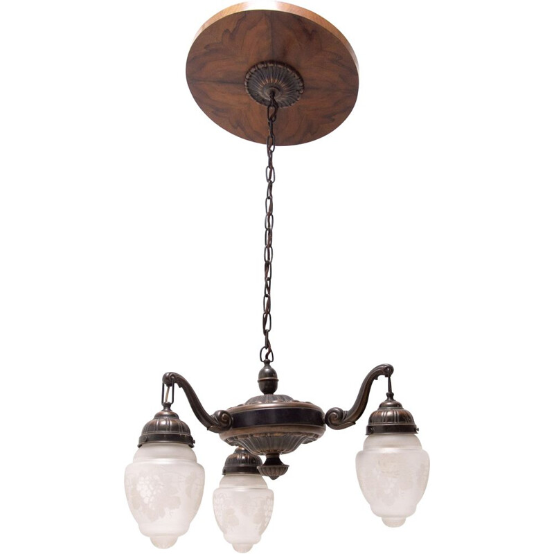 Historicizing three-armed vintage brass chandelier