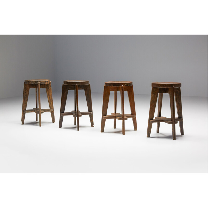 Set of 4 vintage Chandigarh stools by Pierre Jeanneret, 1960s