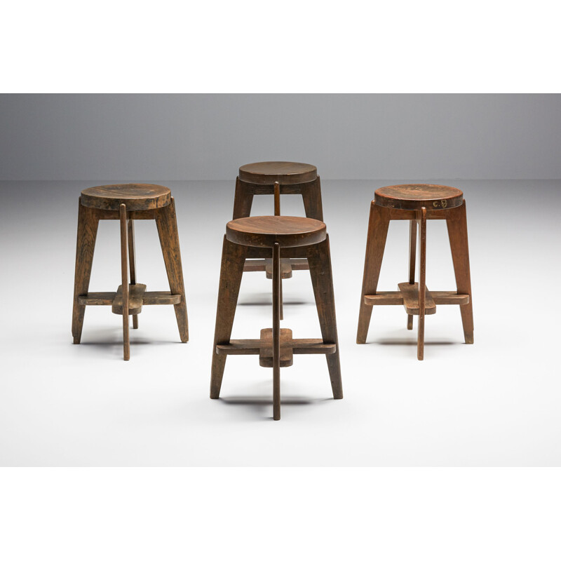 Set of 4 vintage Chandigarh stools by Pierre Jeanneret, 1960s