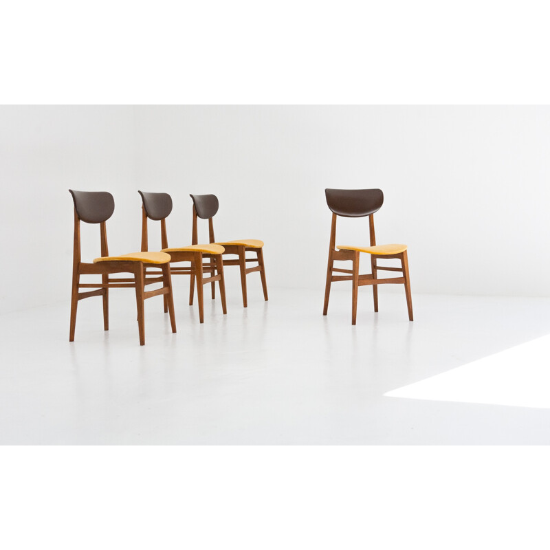 Suite de 4 chaises suédoises en simili cuir et velours - 1950