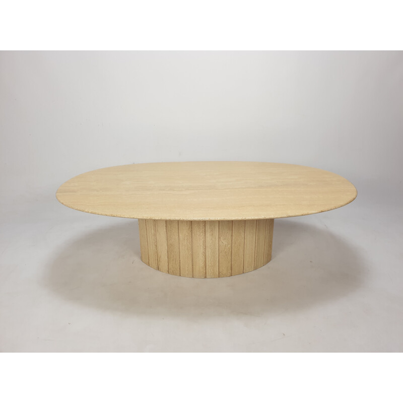 Italian vintage oval travertine coffee table, 1980s