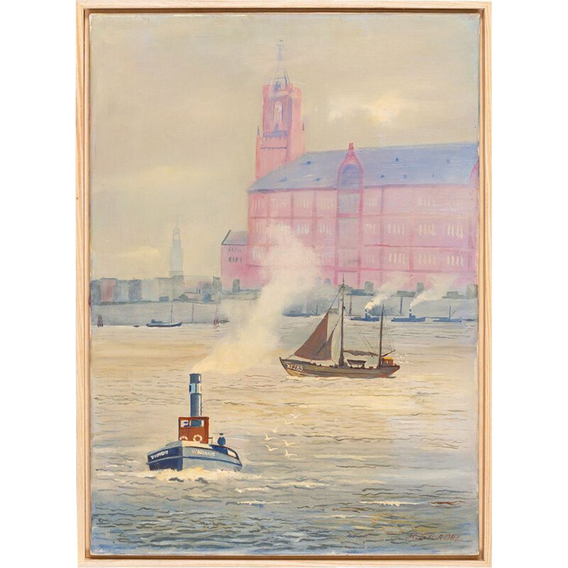 Óleo vintage sobre lienzo Puerto de Hamburgo, 1950