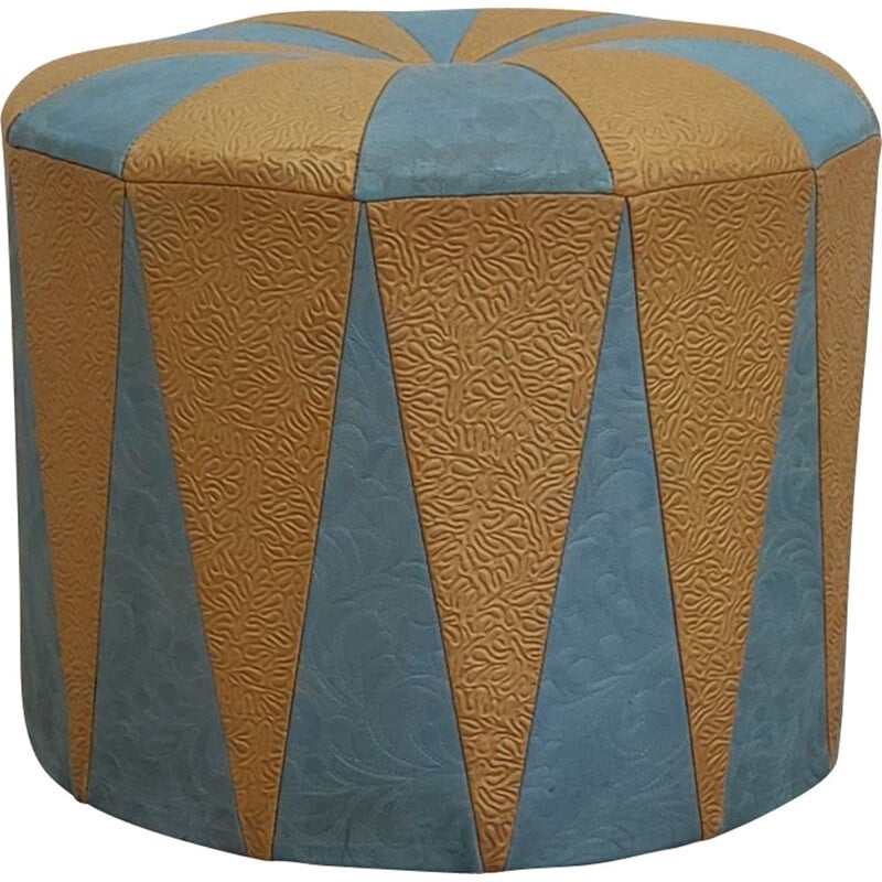 Pouf vintage en faux cuir gaufré bleu et beige, 1970