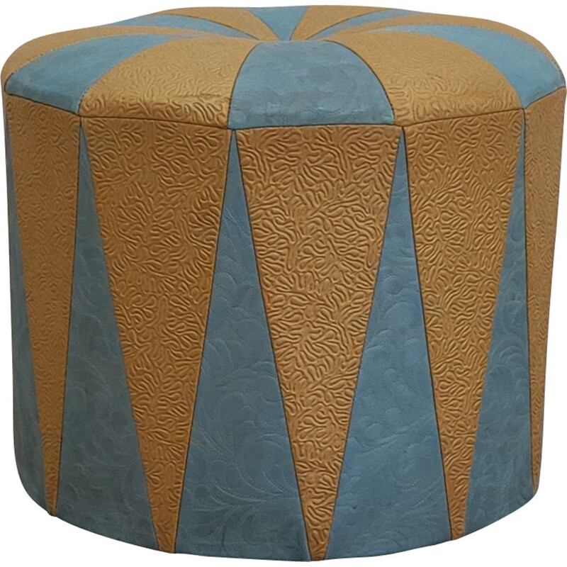 Pouf vintage in ecopelle goffrata blu e beige, 1970