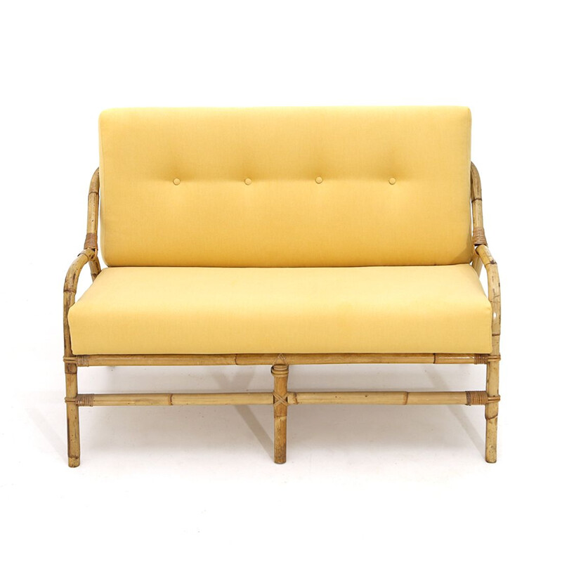 Vintage rattan sofa with yellow fabric padding, 1960s