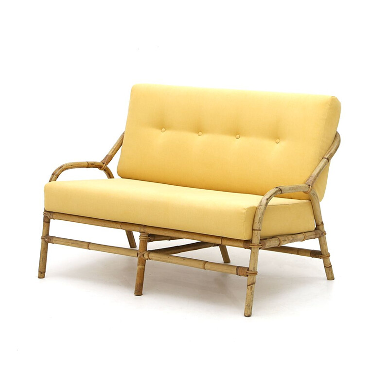 Vintage rattan sofa with yellow fabric padding, 1960s