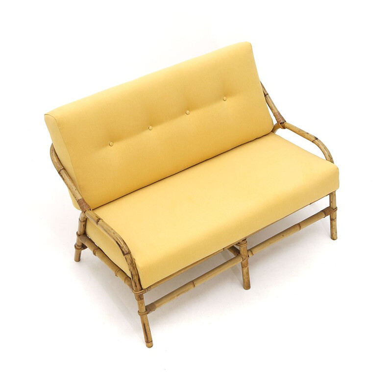 Vintage rattan sofa with yellow fabric padding, 1960s