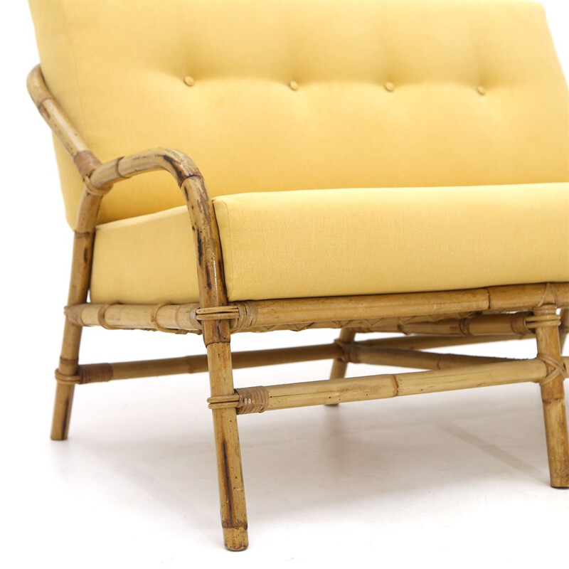 Vintage rattan sofa with yellow fabric padding, 1960s