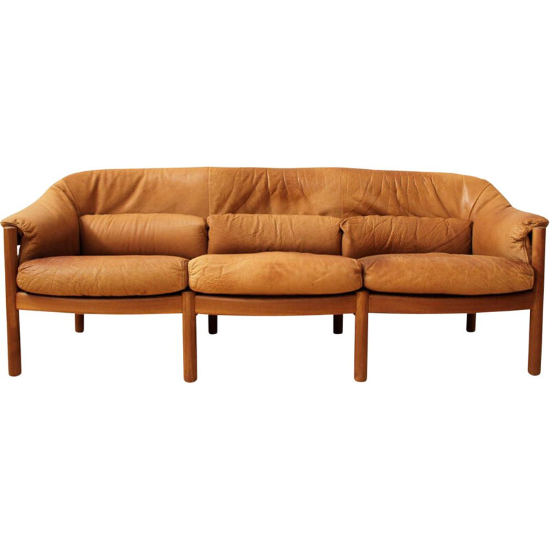 Vintage teak and leather 3 seater sofa in cognac color by Svend Skipper