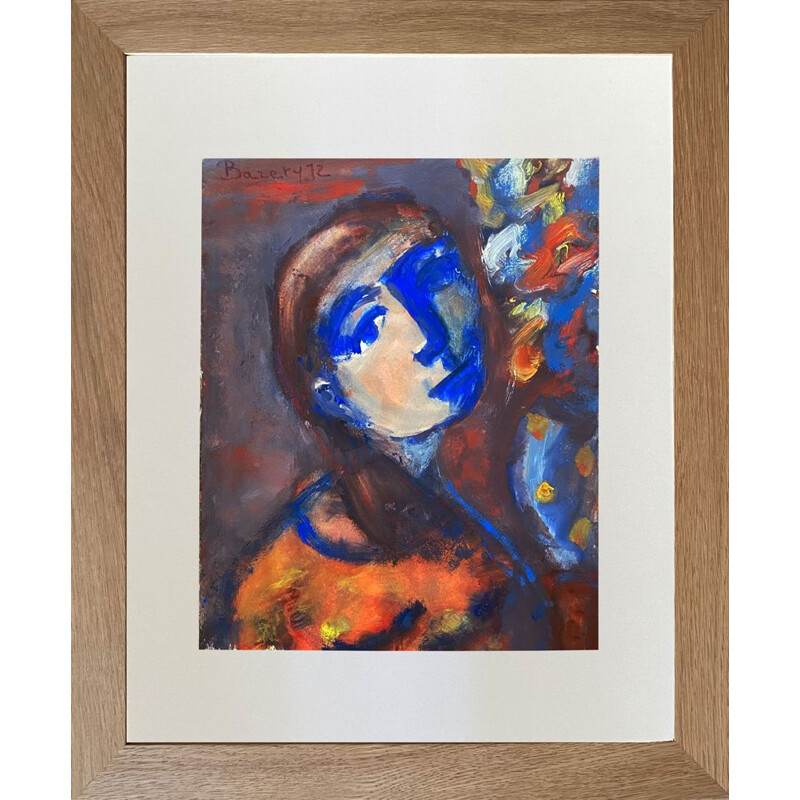 Portrait vintage de la jeune fille en bleu gouache sur papier par Henriette Barety, France