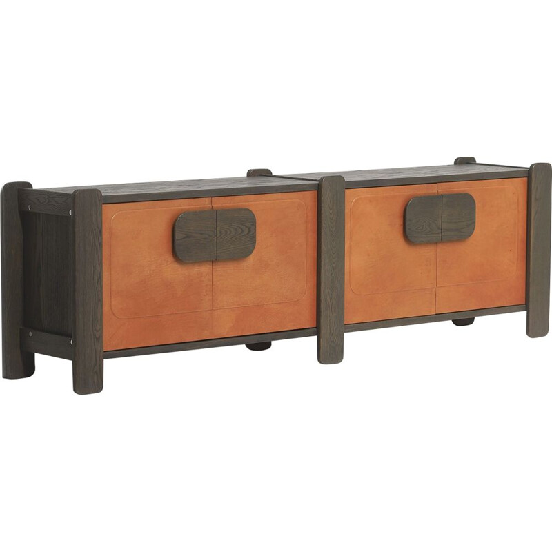 Vintage sideboard with cognac leather doors, Belgium 1970s