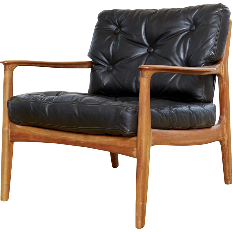 Vintage cherry wood and black leather armchair by Eugen Schmidt for Soloform, Germany