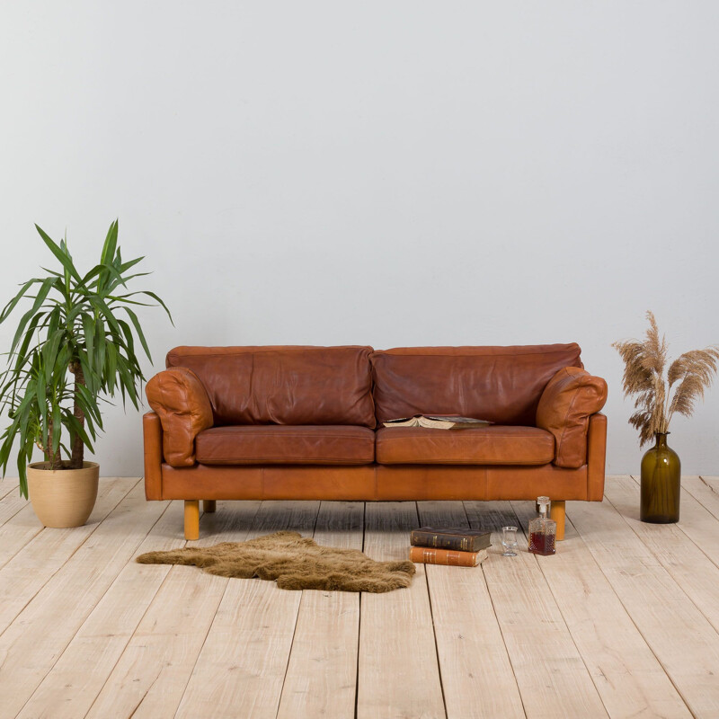 Danish vintage two and the half seater cognac leather sofa, 1970s