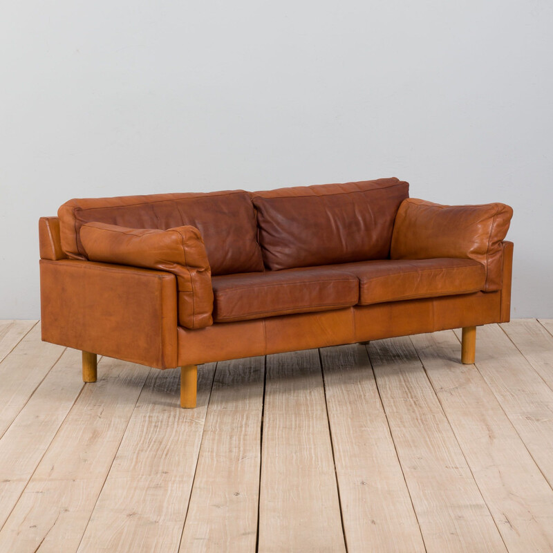 Danish vintage two and the half seater cognac leather sofa, 1970s