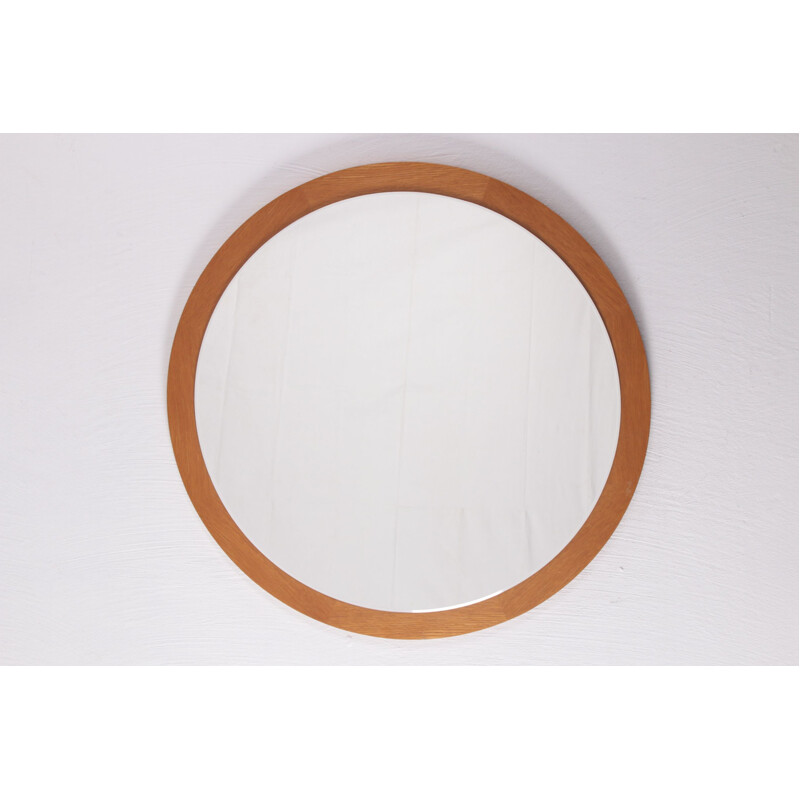 Vintage round light wooden wall mirror, Denmark 1960s