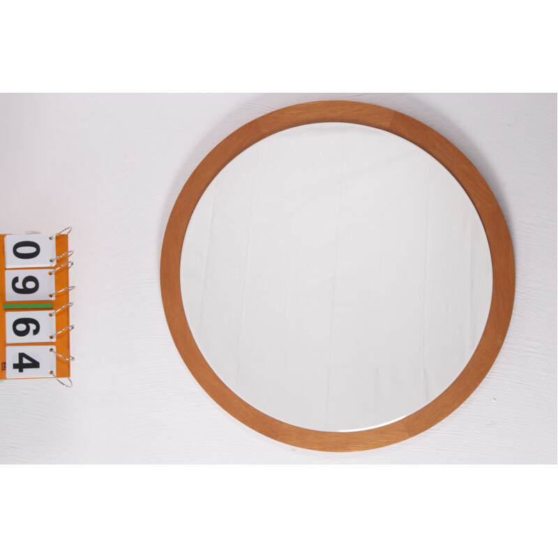 Vintage round light wooden wall mirror, Denmark 1960s