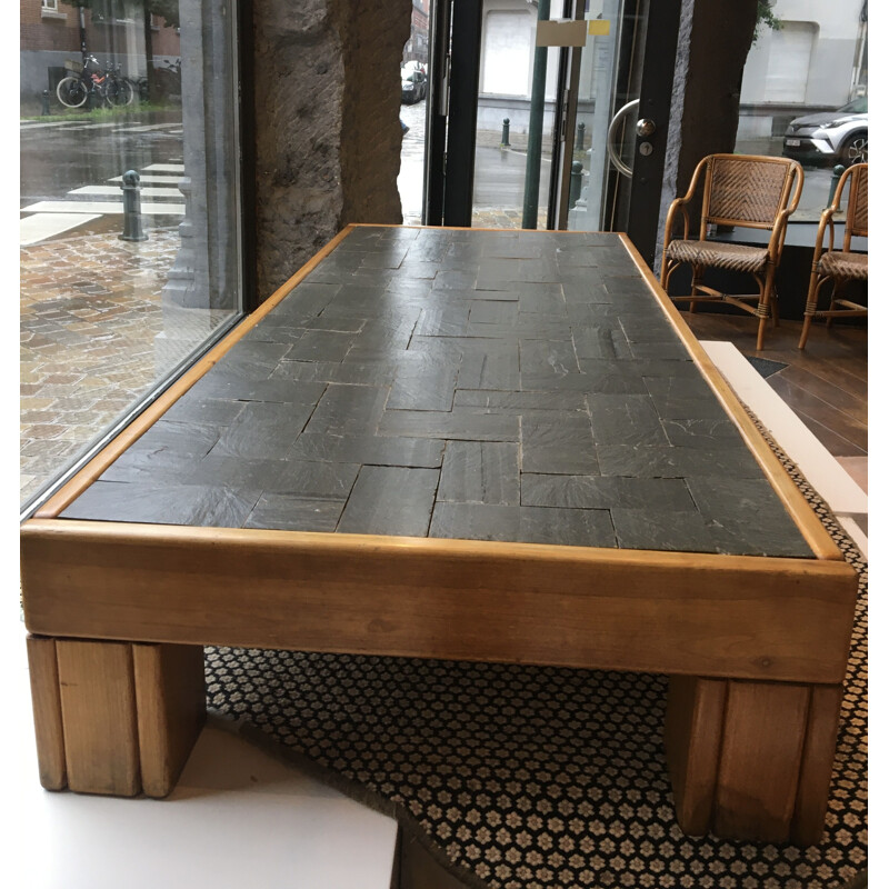 Table basse vintage en orme et plateau en ardoise