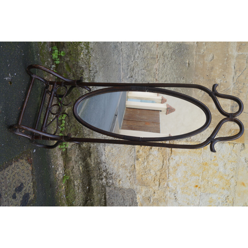 Vintage mirror psyche in rattan and leather, 1970