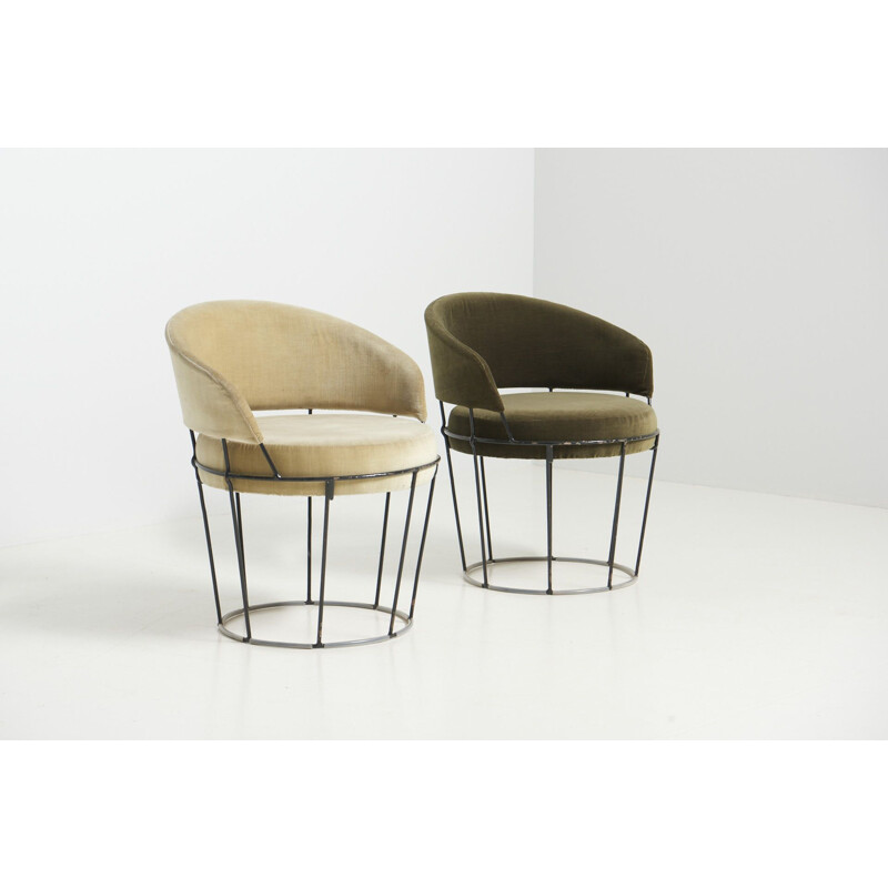 Pair of vintage wireframe cocktail armchairs, 1950s