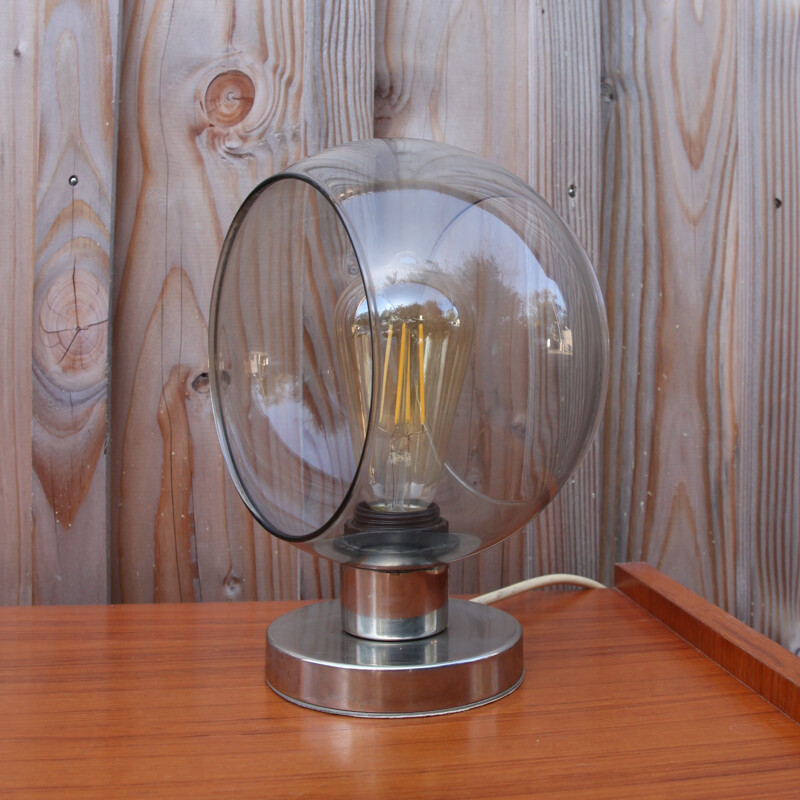 Lampe vintage Space Age en verre fumé avec un socle en métal