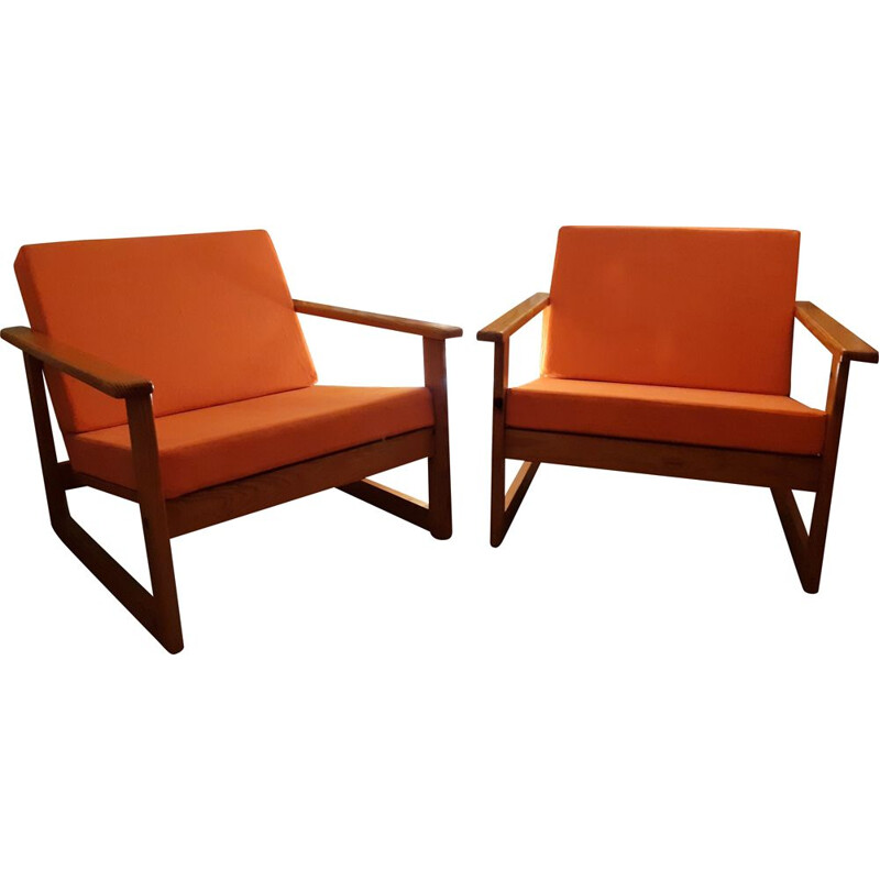 Pareja de sillones vintage de pino macizo y lino, 1960-1970