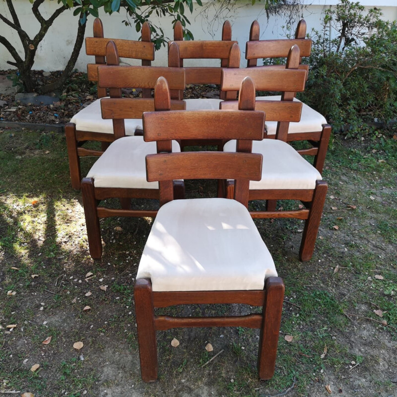 Set of 6 Brutalist vintage chairs in solid oakwood and alcantara