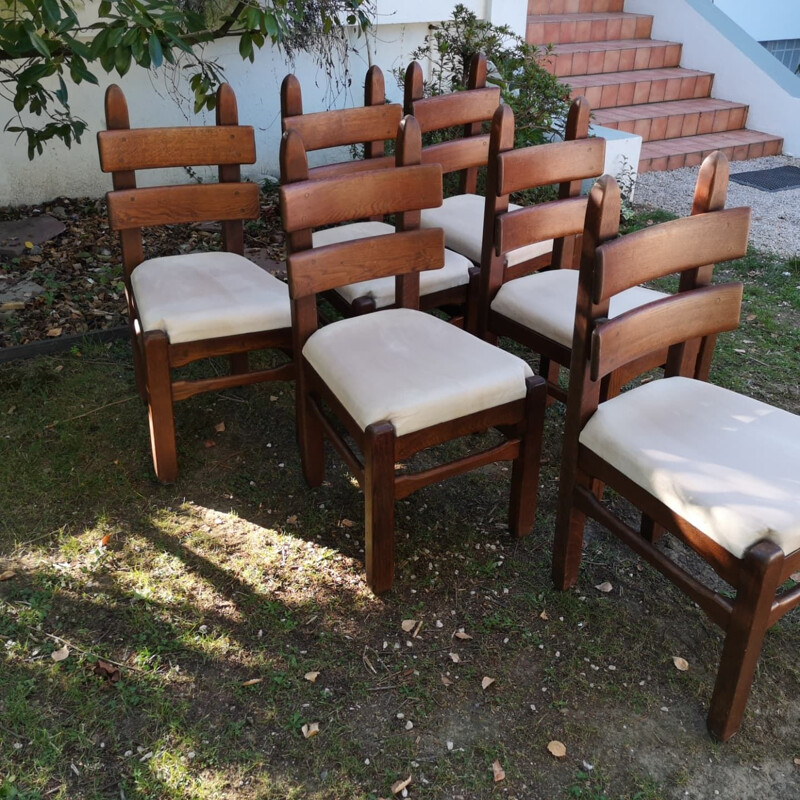 Set van 6 vintage Brutalistische stoelen in massief eikenhout en alcantara