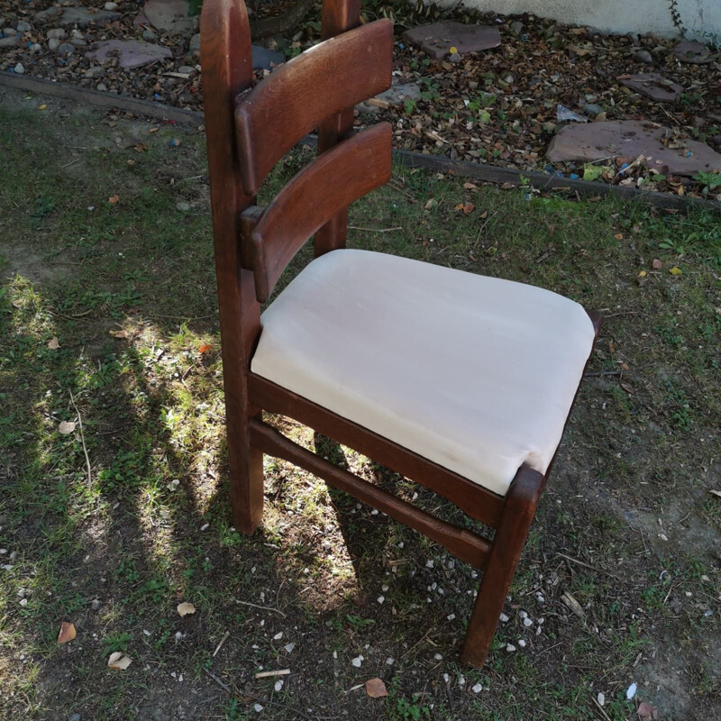 Set van 6 vintage Brutalistische stoelen in massief eikenhout en alcantara