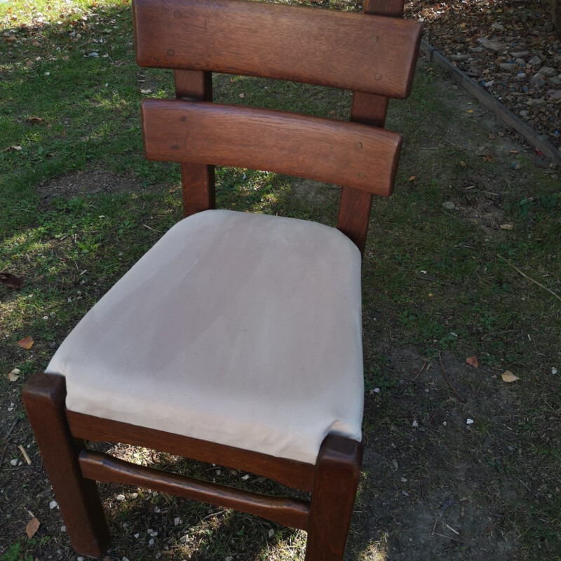 Set of 6 Brutalist vintage chairs in solid oakwood and alcantara